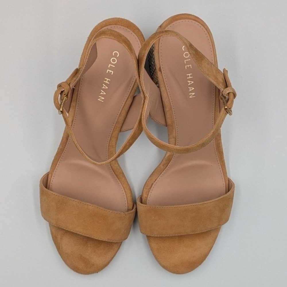 Cole Haan Grand 360 Tan Suede Woven Block Heel Ankle Strap Sandals 7B Resortwear - Picture 2 of 9